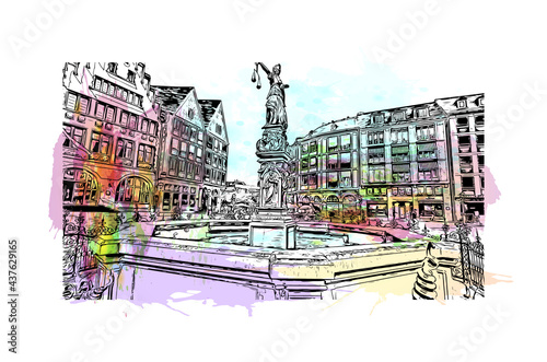 Building view with landmark of Frankfurt is the 
city in Germany. Watercolor splash with hand drawn sketch illustration in vector.