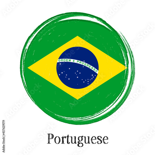 “Português do Brasil”- Portuguese in Brazil. Learn Brazilian language. Flag of Brazil, banner with grunge brush, vector illustration.