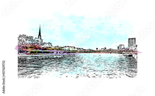 Building view with landmark of Frankfurt is the 
city in Germany. Watercolor splash with hand drawn sketch illustration in vector.