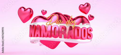 Canvas Print DIA DOS NAMORADOS TEXTO 3D, CORAÇÃO VERMELHO EM FUNDO COR DE ROSA