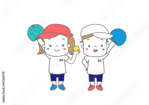 新しいスポーツ　テニピン　体操服姿の男の子と女の子