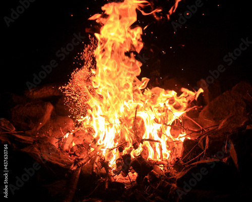 Campfire sparkling at night