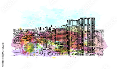 Building view with landmark of Frankfurt is the 
city in Germany. Watercolor splash with hand drawn sketch illustration in vector.