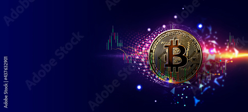 Bitcoin digital money levitates and graph, business banner on dark blue background - Bitcoin mining concept