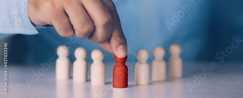 Foto Hand of manager management human resource with recruitment and skill employee leader for corporate success, development and growth of leadership with unique, symbols of metaphor, business concept
