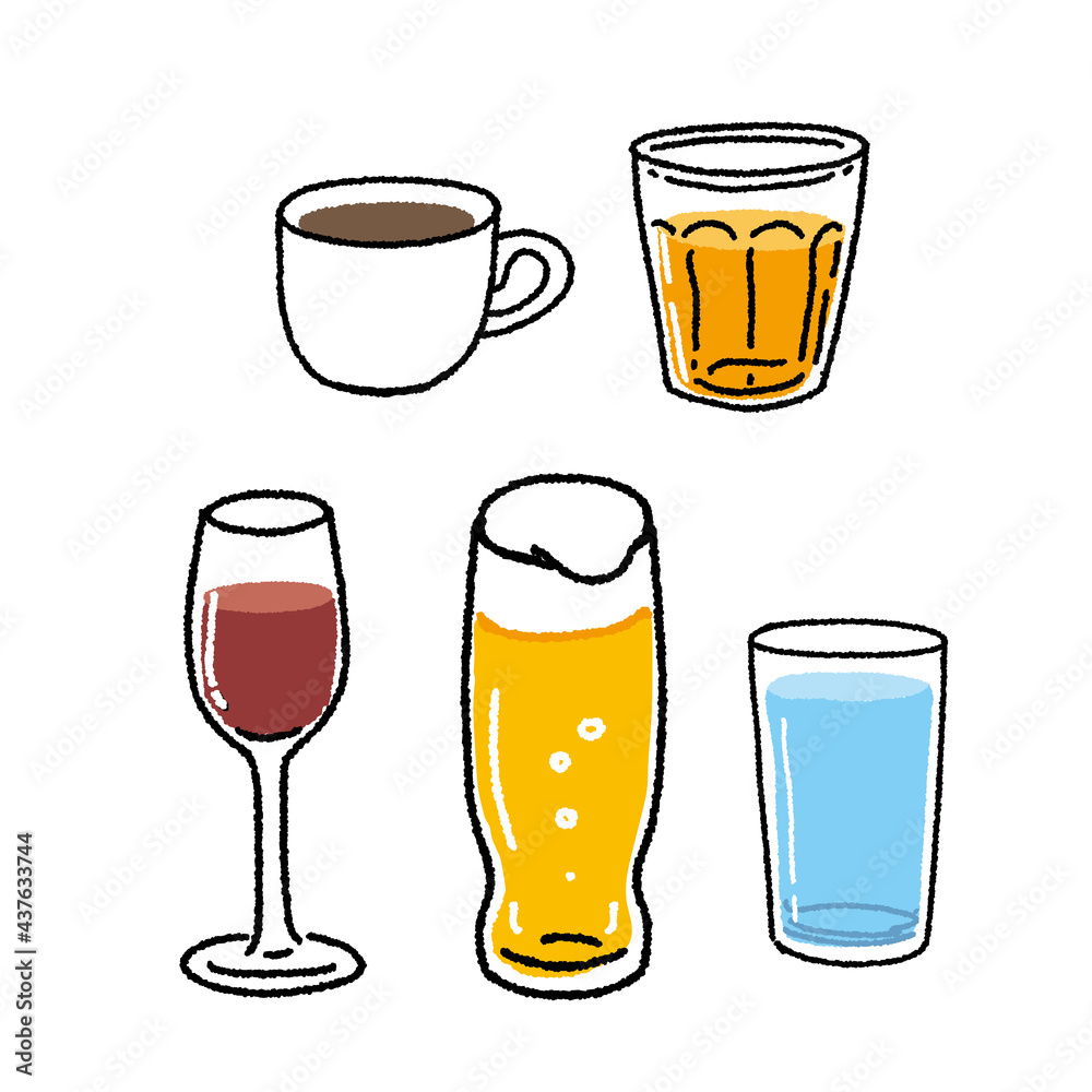 飲み物　ビール　ワイン　水、ジュース、コーヒーのイラスト
