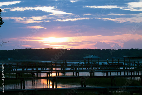 Sunset over docks on Southern salt marsh 2