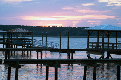Sunset over docks on Southern salt marsh 1