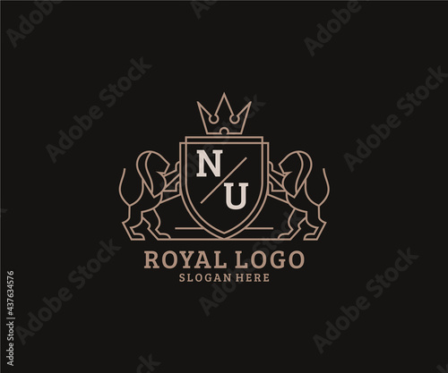 Initial NU Letter Lion Royal Luxury Logo template in vector art for Restaurant, Royalty, Boutique, Cafe, Hotel, Heraldic, Jewelry, Fashion and other vector illustration.