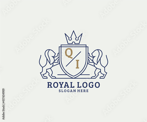 Initial QI Letter Lion Royal Luxury Logo template in vector art for Restaurant, Royalty, Boutique, Cafe, Hotel, Heraldic, Jewelry, Fashion and other vector illustration.