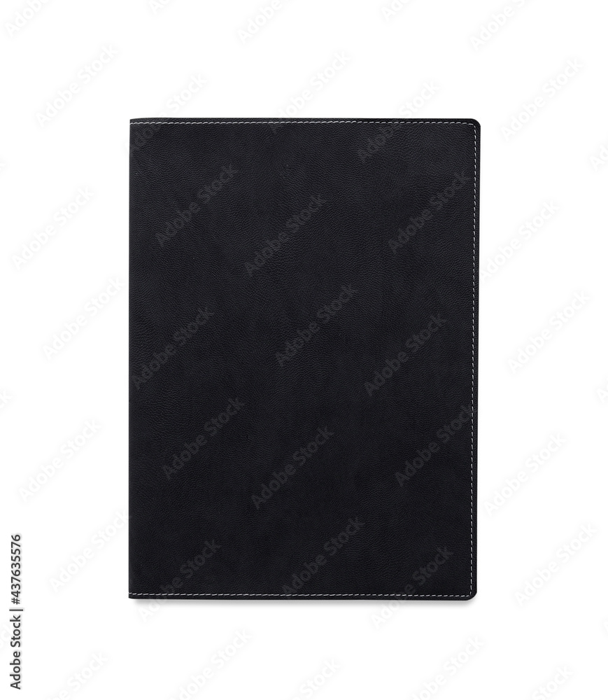 Top view closed black leather notebook or diary isolated and white background with clipping path Top view closed black leather notebook or diary isolated and white background with clipping path