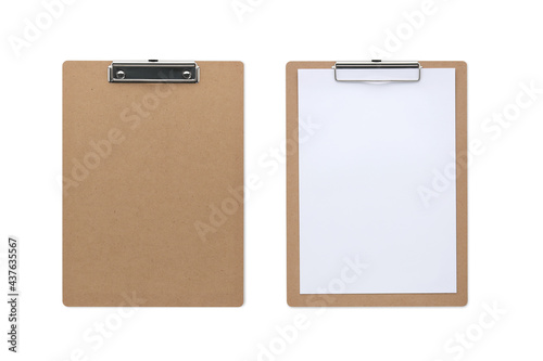 Top view closed up classic wooden clipboard isolated and white background with blank paper and clipping path photo
