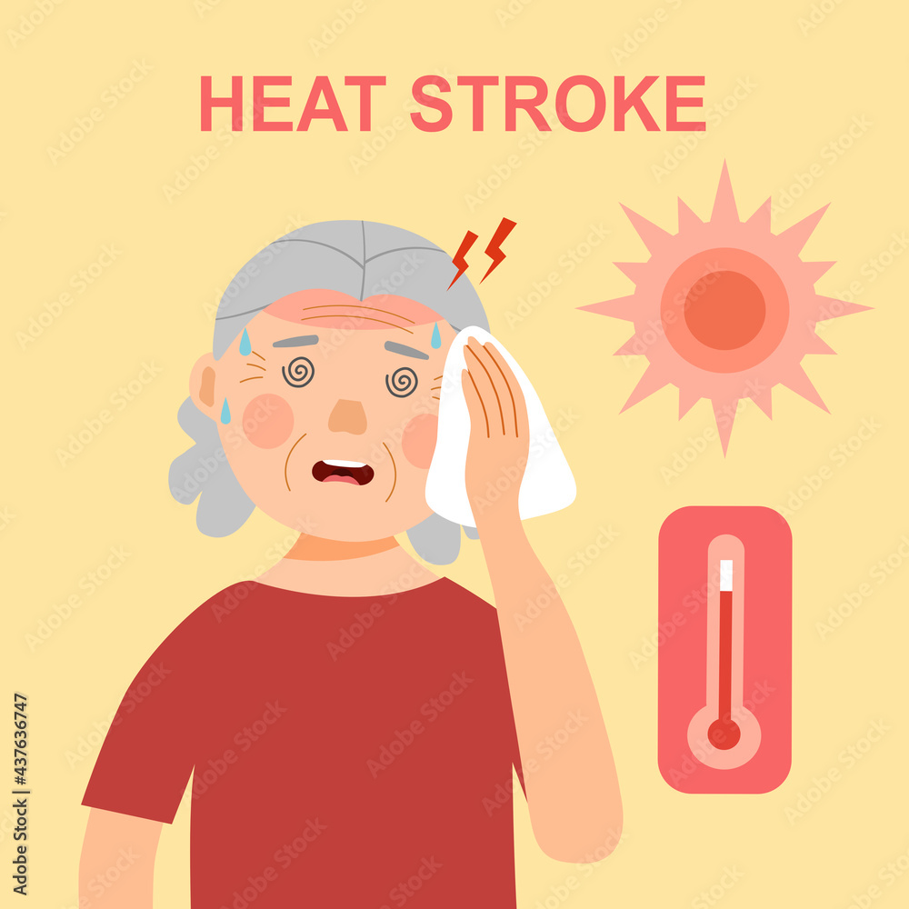 Fototapeta premium Senior old woman suffering from heat stroke symptom. She got dizziness and sweaty.