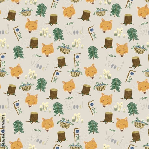Seamless pattern of inscriptions, fox face, Christmas tree, basket of berries, candles, set. Digital illustration with imitation paint. Design for children, posters, prints, fabrics, textiles. 