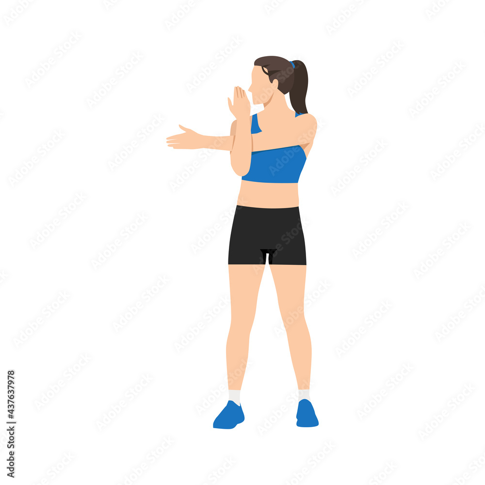 Woman doing Shoulder stretch exercise. Flat vector illustration isolated on  white background Stock Vector