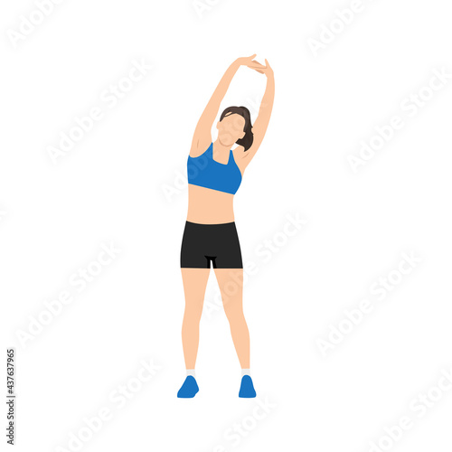Woman doing Standing side bend stretch exercise. Flat vector illustration isolated on white background