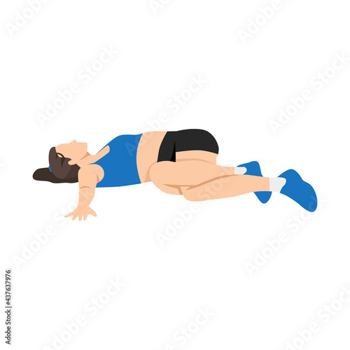 Woman doing Lying low back twist stretch exercise. Flat vector illustration isolated on white background
