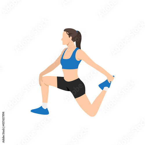 Woman doing Kneeling quad stretch exercise. Flat vector illustration isolated on white background