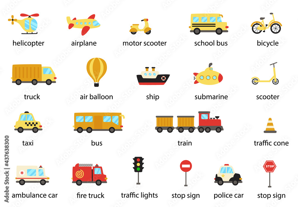 Vetor de Set of transportation means with names. Vector