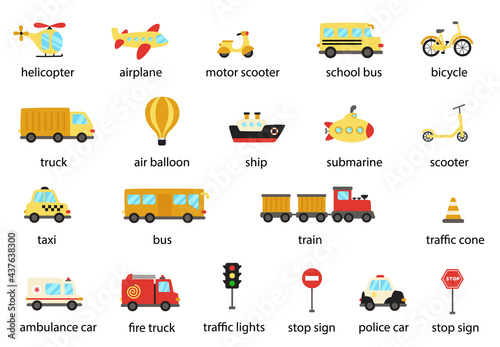 Set of transportation means with names. Vector illustrations. photo