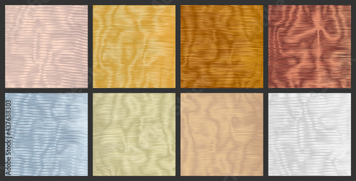 Set of metal polished surfaces. Bright silver stripy metallic backdrop. Copper metal texture with wavy, curves shift stripes. Bronze and steel moire interference effect. Vector vibrant  background