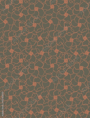 A pattern of tropical flowers. Seamless image, orange outline of colors on a dark background.Design of wallpaper, fabrics, textiles, packaging, posters, postcards, wedding design.
