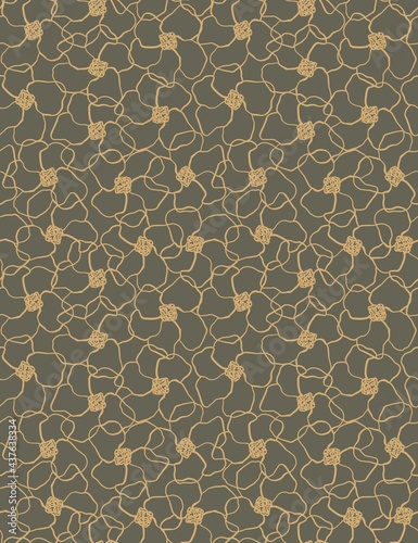 A pattern of tropical flowers. Seamless image, beige outline of colors on a dark background.Design of wallpaper, fabrics, textiles, packaging, posters, postcards, wedding design.