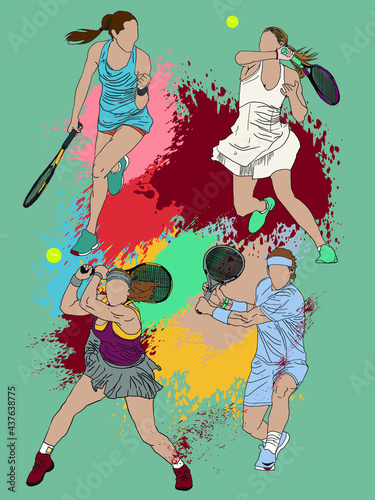 Vector illustration of many action female tennis ball players for illustrative purposes.