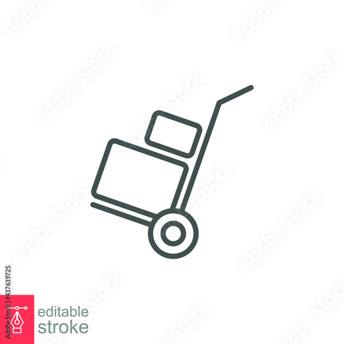 Box trolley line icon, move truck cargo carrier, bag cart delivery, flat luggage suitcase. Packaging Symbol. Hand truck with box editable stroke vector illustration design on white background. EPS 10