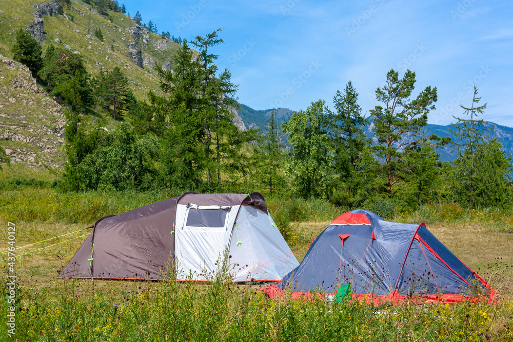 Two open tents stand in meadow with grass in mountains. Summer sun. Mountain slope and blue sky on background. Hiking camp.