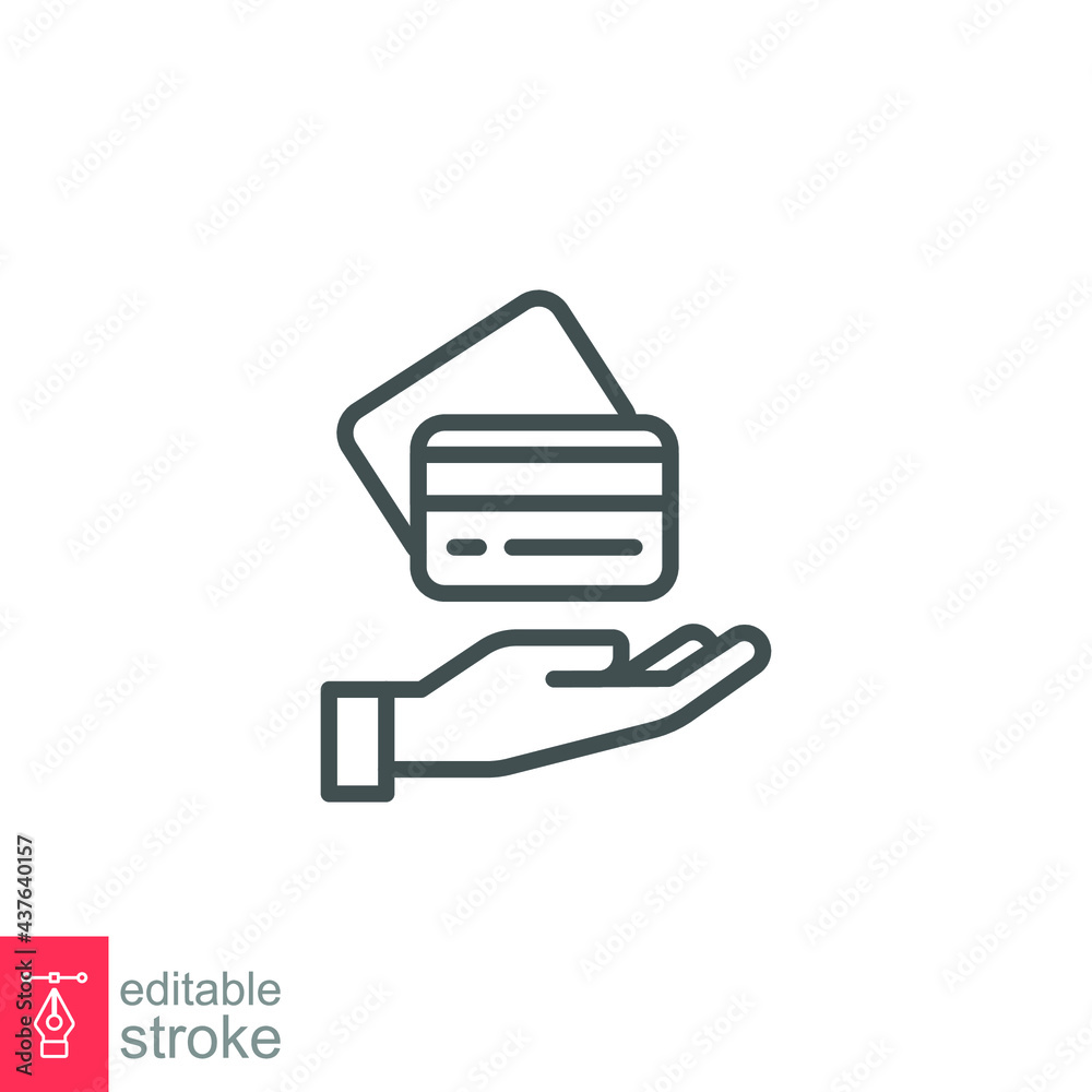 Hand hold credit card line icon, cash pay machine. discount swipe id, financial digital cashless business online sale payment logo editable stroke vector illustration design on white background EPS 10 Hand hold credit card line icon, cash pay machine. discount swipe id, financial digital cashless business online sale payment logo editable stroke vector illustration design on white background EPS 10