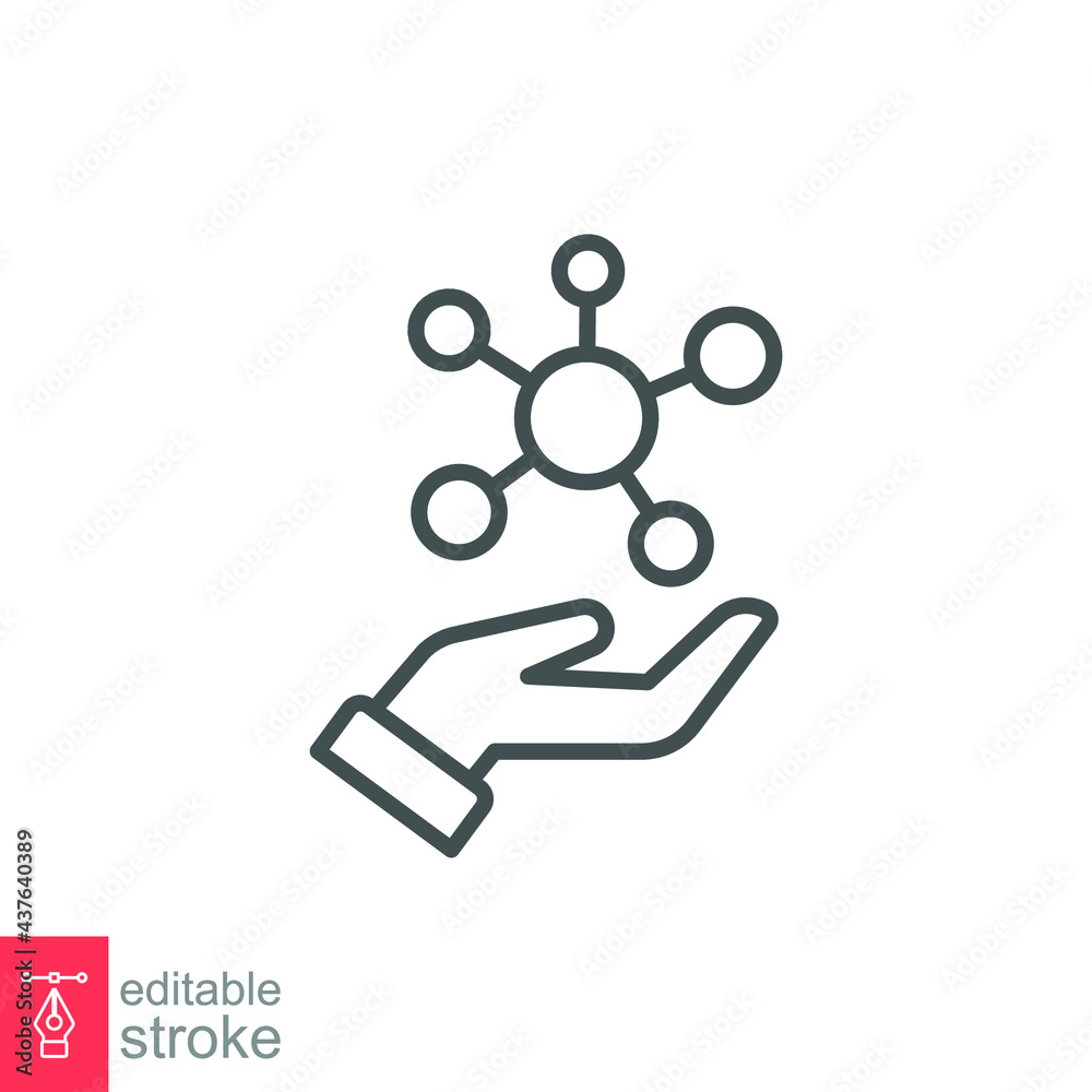 Hand molecule line icon, biology evolution, collagen, protein, social technology, bio global. Holding molecular compound structure Editable stroke vector illustration design on white background EPS 10