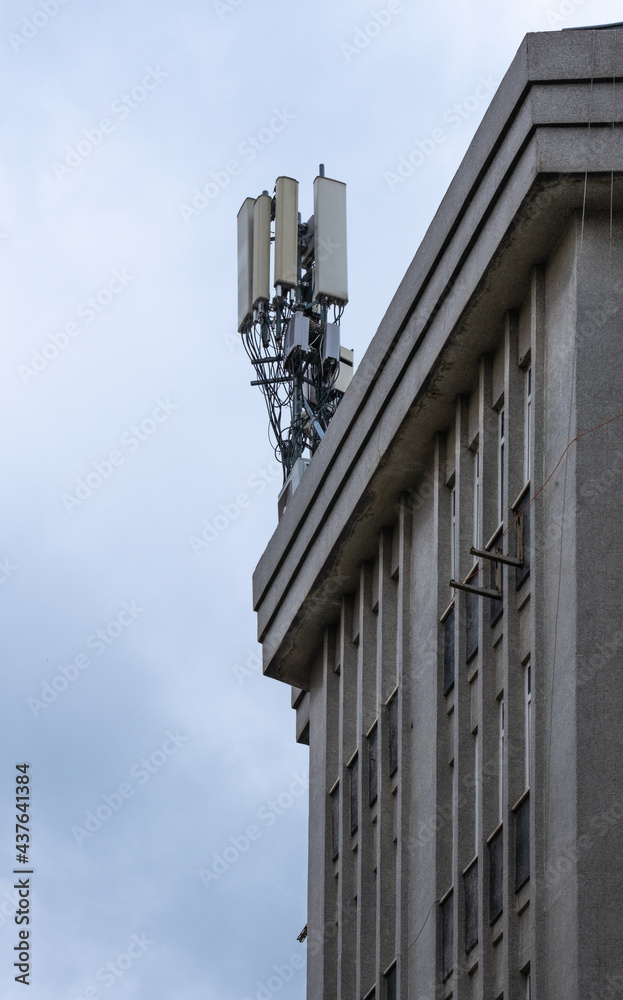 mobile communication base station, on building, telecommunication tower,
