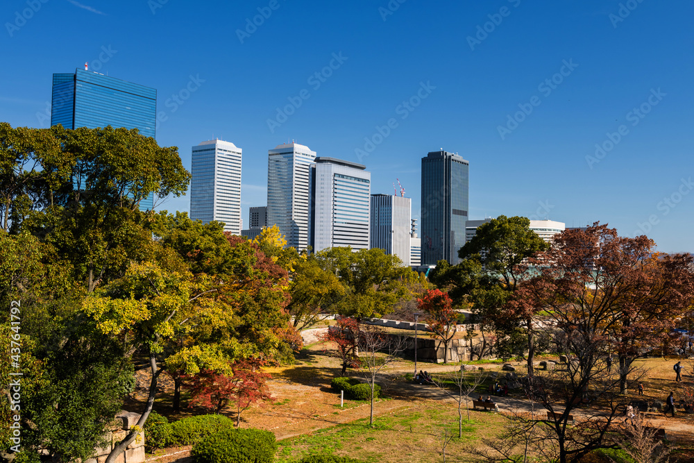Office buildings and autumn park in Osaka