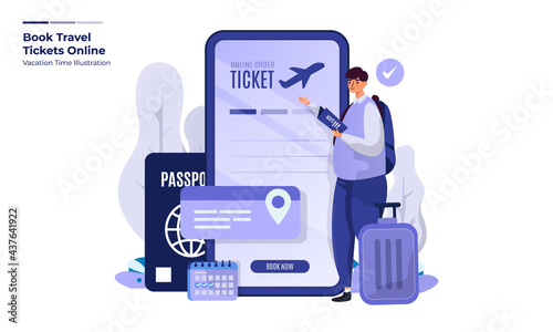 Vector illustration of booking ticket online for traveling day concept