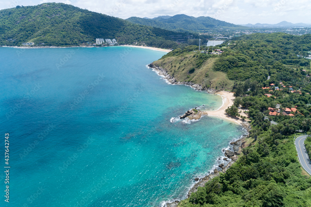Aerial view of rocky coastline in Phuket island beautiful sea in sunny summer day Tourism and vacations concept