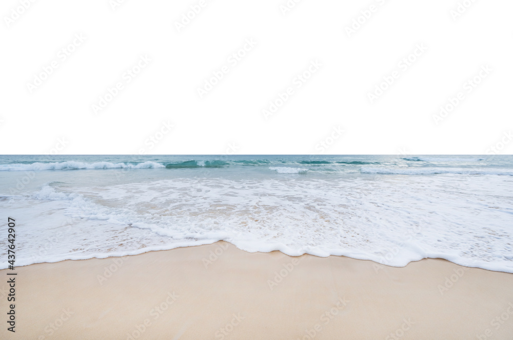 Sea wave crashing on sandy shore isolated on white background.