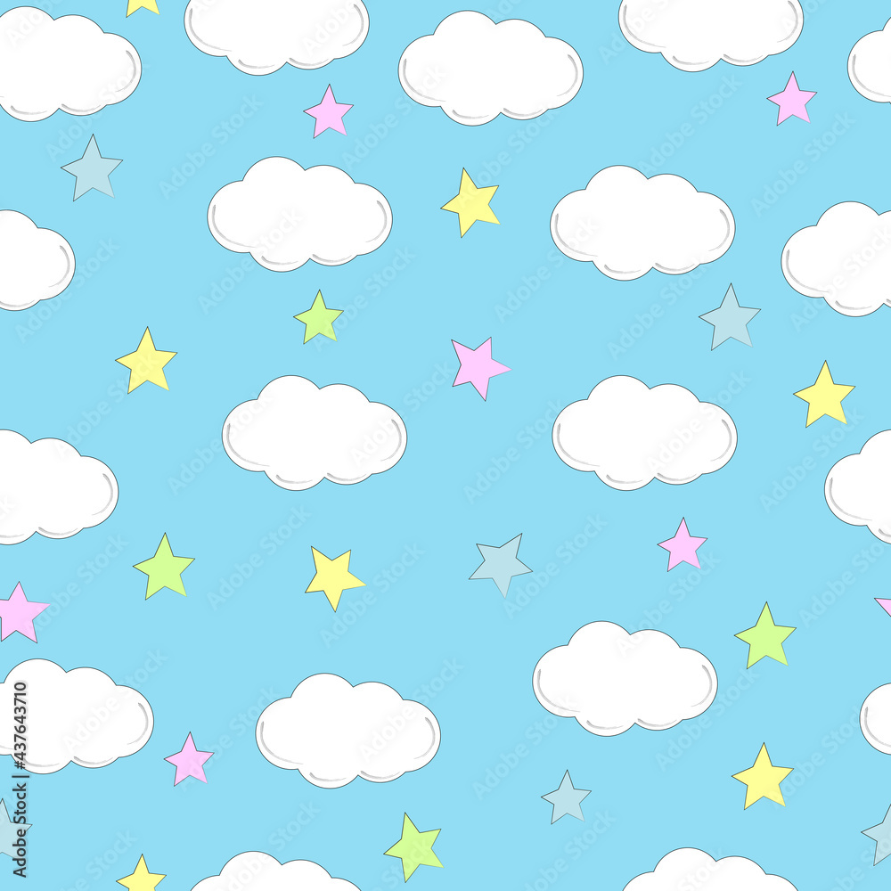 Vector clouds and stars seamless pattern. Cute clouds seamless pattern, cartoon background with star dots, vector illustration