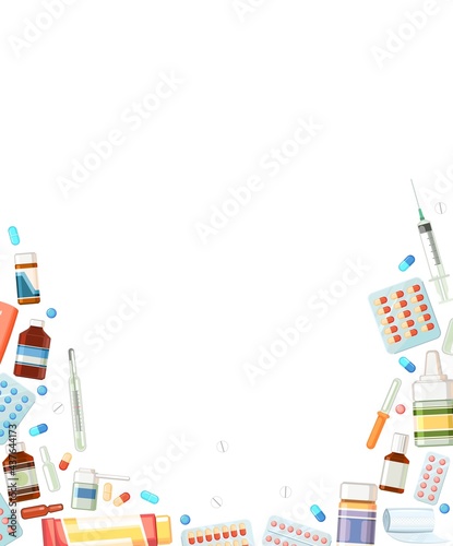 Medicines frame. Illustration with pills, capsules, thermometer, syringe,  ointment. Medicinal drugs. Ambulance. Isolated on background. Flat design. Vector
