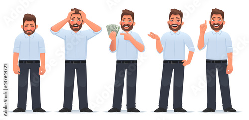 Businessman character set. Guy in different actions. The man is tired, he is in shock, holds money in his hands, says