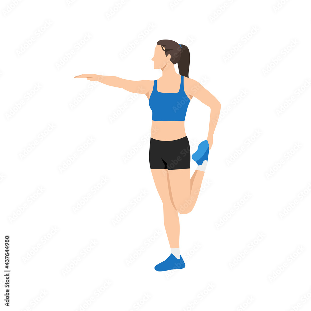 Woman doing Standing quad stretch exercise. Flat vector illustration isolated on white background Woman doing Standing quad stretch exercise. Flat vector illustration isolated on white background