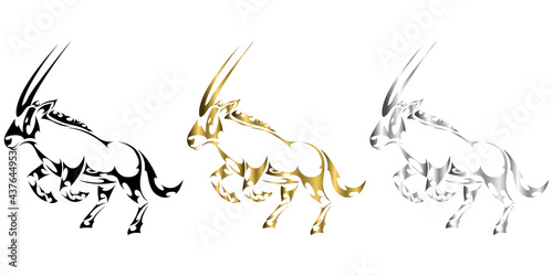 three color black gold silver Vector illustration of a gemsbok raising two front legs to prepare to run It looks strong and powerful Suitable for use in logos or decorations photo