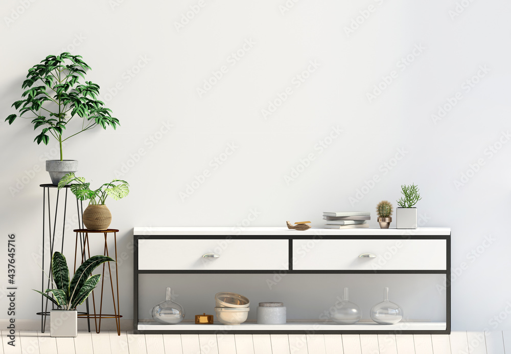 Fototapeta premium Modern interior with rack and plant.Wall mock up. 3d illustration