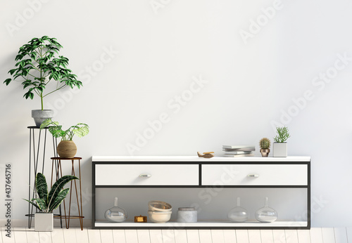 Photos Modern interior with rack and plant.Wall mock up. 3d illustration