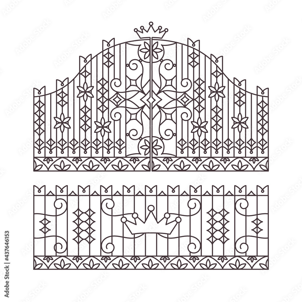Forged gate and fence design. Vector illustration.