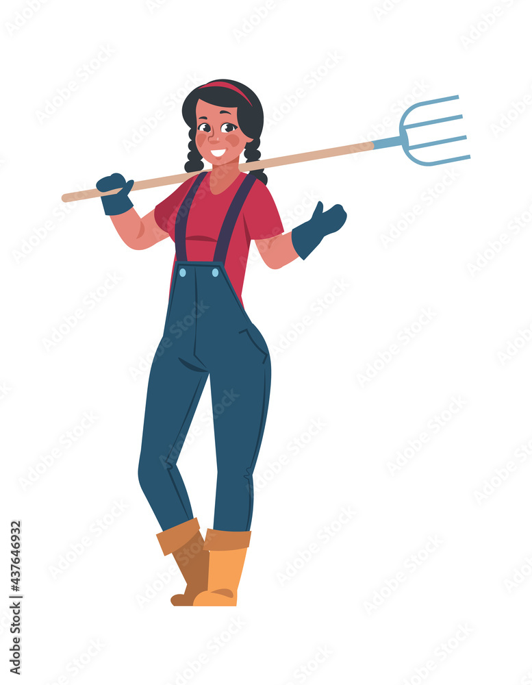 Agricultural worker. Cartoon woman with pitchfork. Female character holding hayfork. Smiling farmer waving hand. Gardener grows and takes care of plants. Vector gardening equipment Agricultural worker. Cartoon woman with pitchfork. Female character holding hayfork. Smiling farmer waving hand. Gardener grows and takes care of plants. Vector gardening equipment