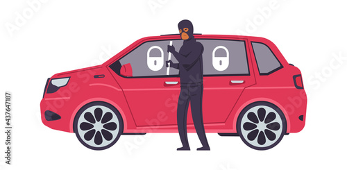 Theft car. Cartoon robber breaks automobile door. Criminal steals transport. Bandit and red closed vehicle with anti-theft alarm. Vector machine security and auto stealing insurance