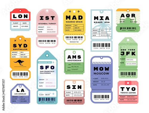 Travel stickers. Airport vintage luggage labels. Retro baggage tags. Colorful flight cardboard badges with barcodes. Airline coupons from various cities. Vector airplane tickets set