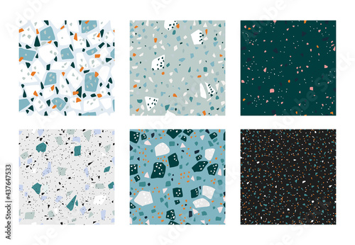 Terrazzo pattern. Seamless Italian concrete textures with granite stone pieces. Abstract marble rock tiles set. Decorative mosaic with colorful particles. Vector interior blue flooring