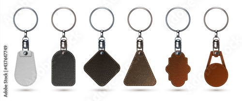 Key holder. Realistic keychain ring with faux calf leather tags. Isolated 3D premium fobs mockup. Steel breloques and labels from natural materials. Vector keyrings set for branding